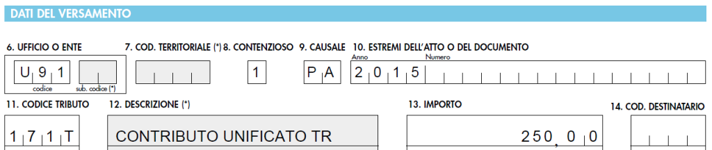 Contributo Unificato Telematico dati versamento modello F23