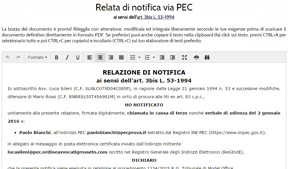 relata di notificazione a mezzo pec