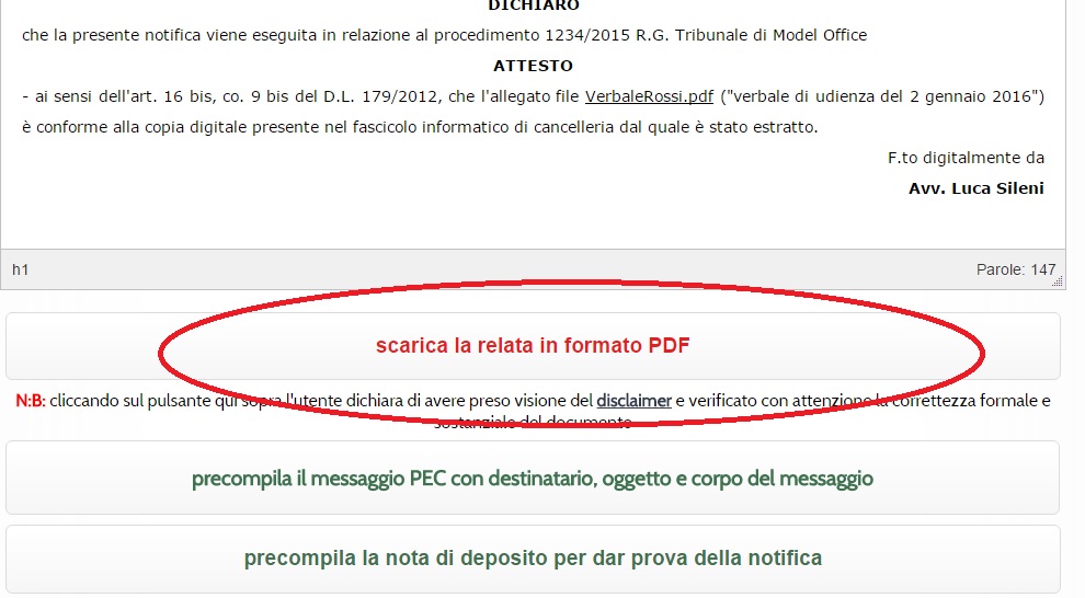 relata di notificazione a mezzo pec