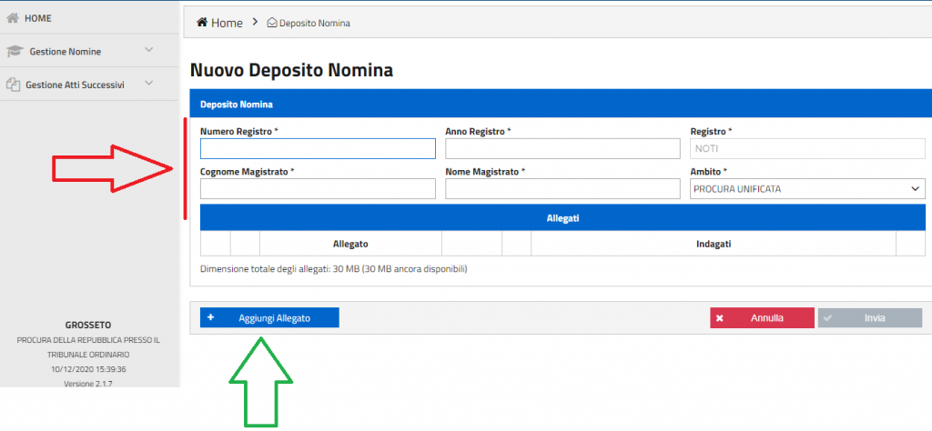 Aggiunta allegato Portale dei Depositi Telematici